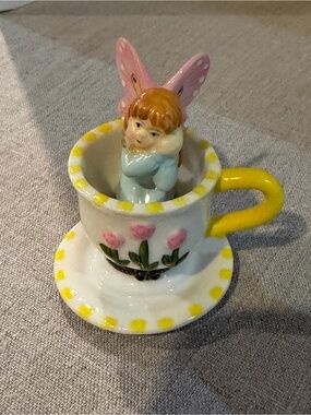 Miniature Ceramic Fairy in Yellow-Accent Teacup Limoge style Box